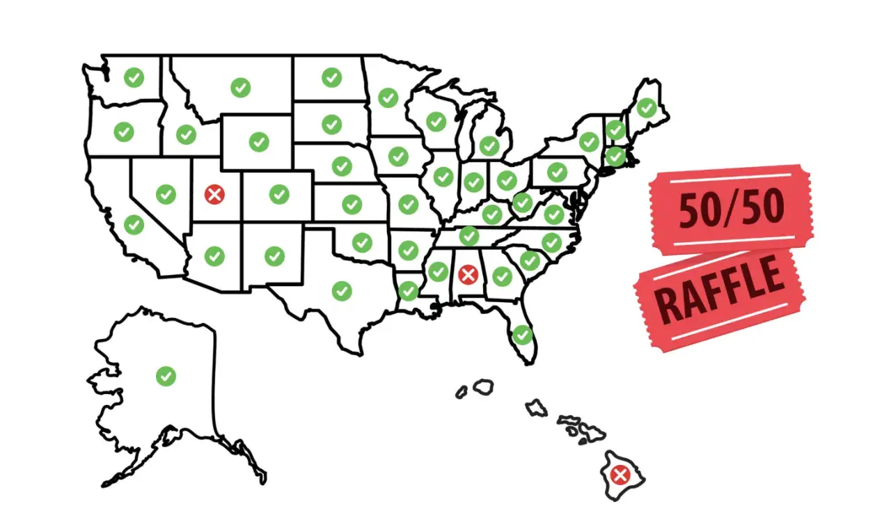 Map of the US showing state legality of raffles. Green checkmarks indicate legality, red X's show restrictions. Florida is marked with a green checkmark, indicating raffles are legal there.