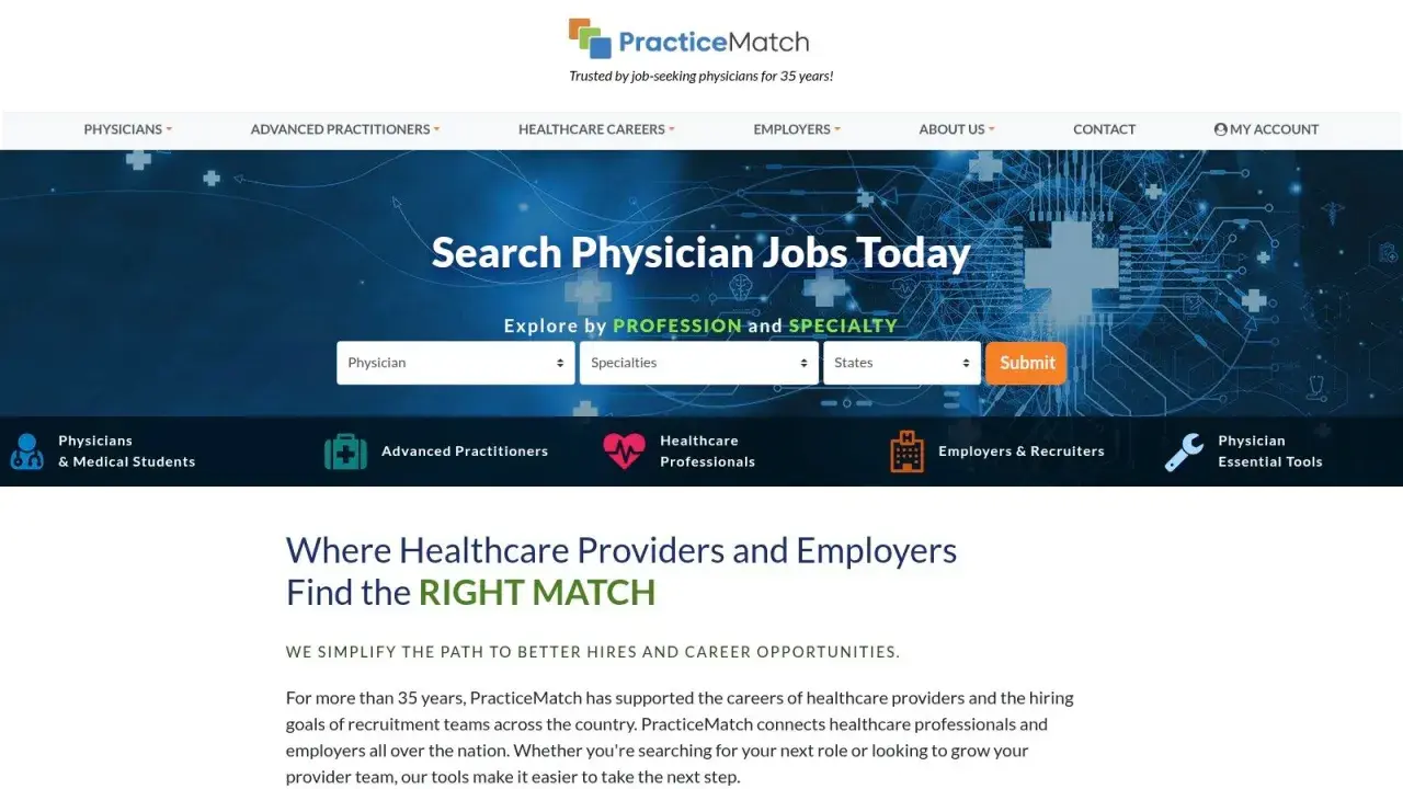 PracticeMatch website for finding healthcare board positions. Search physician jobs by profession and specialty.