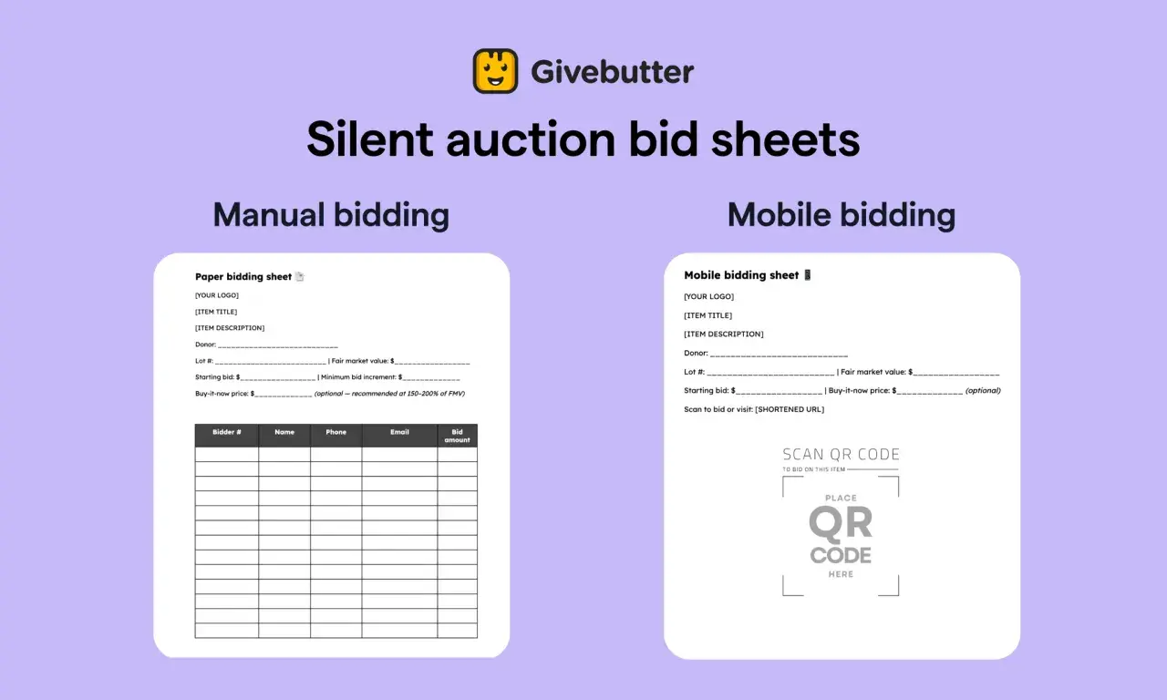 Learn how to run a silent auction online with manual and mobile bidding sheets. This image shows templates for both methods.