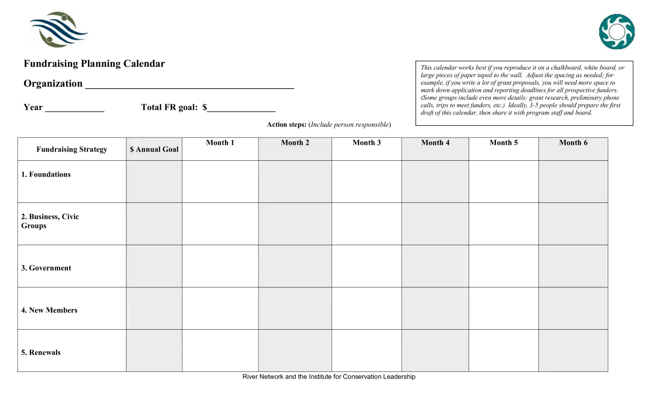 Fundraising planning calendar template with rows for strategies like Foundations and columns for months.