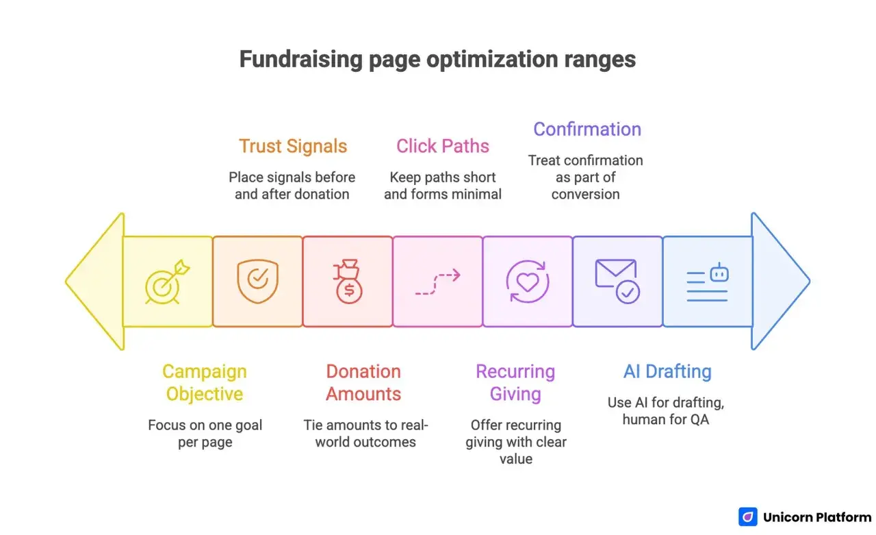 Learn how to start a fundraiser with this guide on optimizing your fundraising page. It covers campaign objectives, donation amounts, trust signals, click paths, recurring giving, confirmation, and AI drafting.