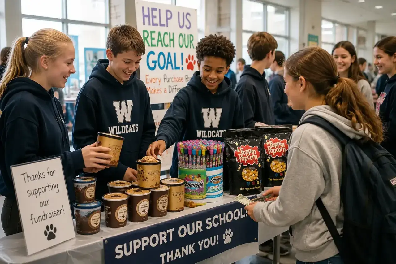 Students sell ice cream and popcorn as part of creative lacrosse fundraising ideas. A sign reads "Help Us Reach Our Goal!