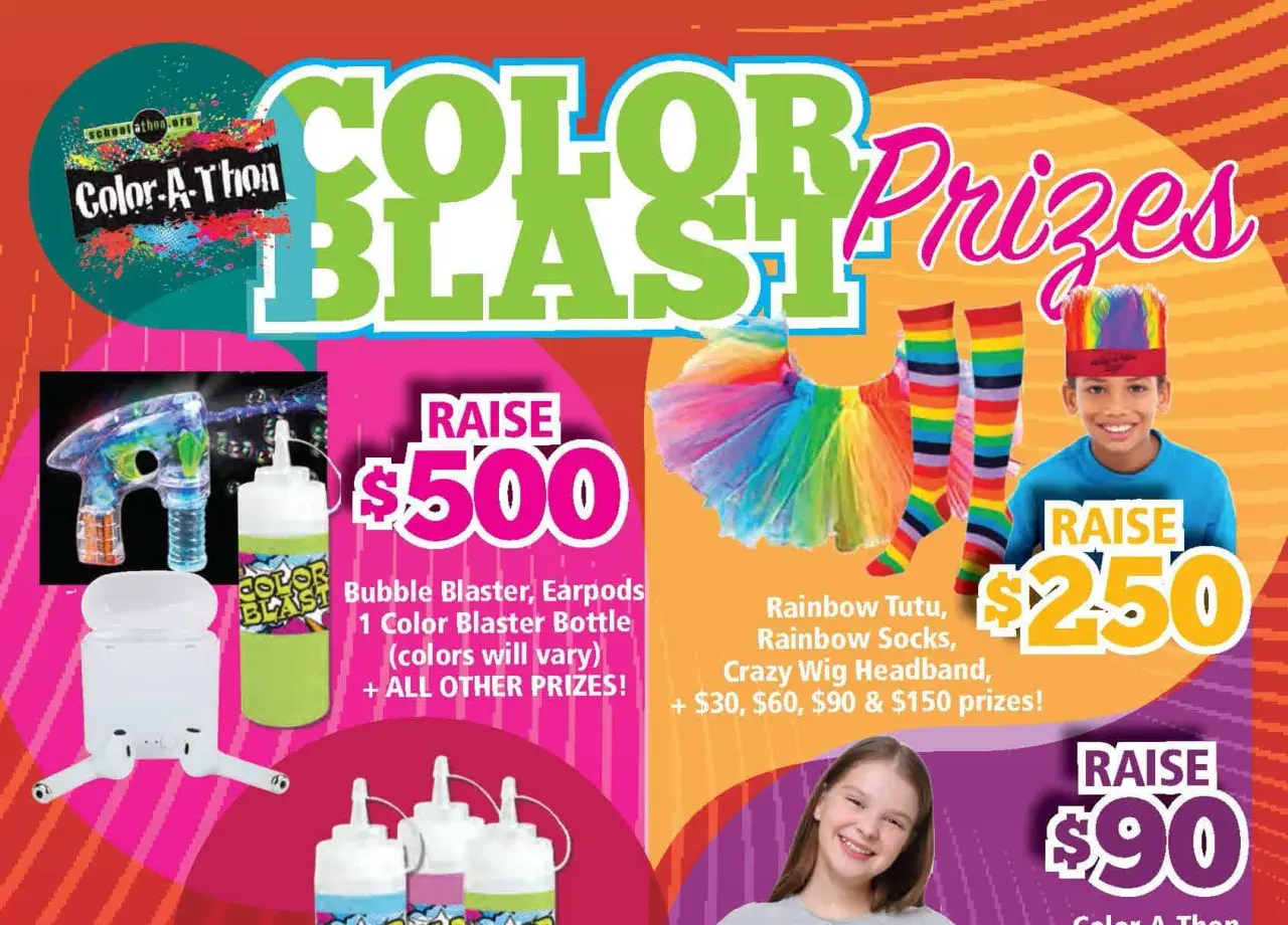 Color-A-Thon prizes for fundraising: Bubble Blaster for $500, Rainbow Tutu & socks for $250, and more.