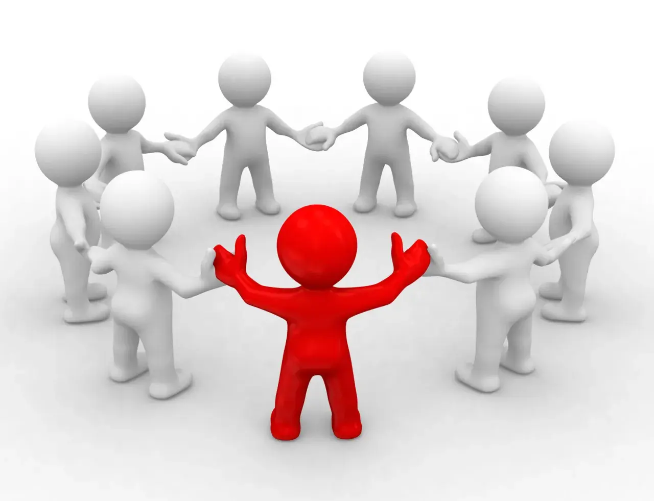 A red figure stands in the center of a circle of white figures, arms outstretched. This symbolizes leadership, like a board chair job description.