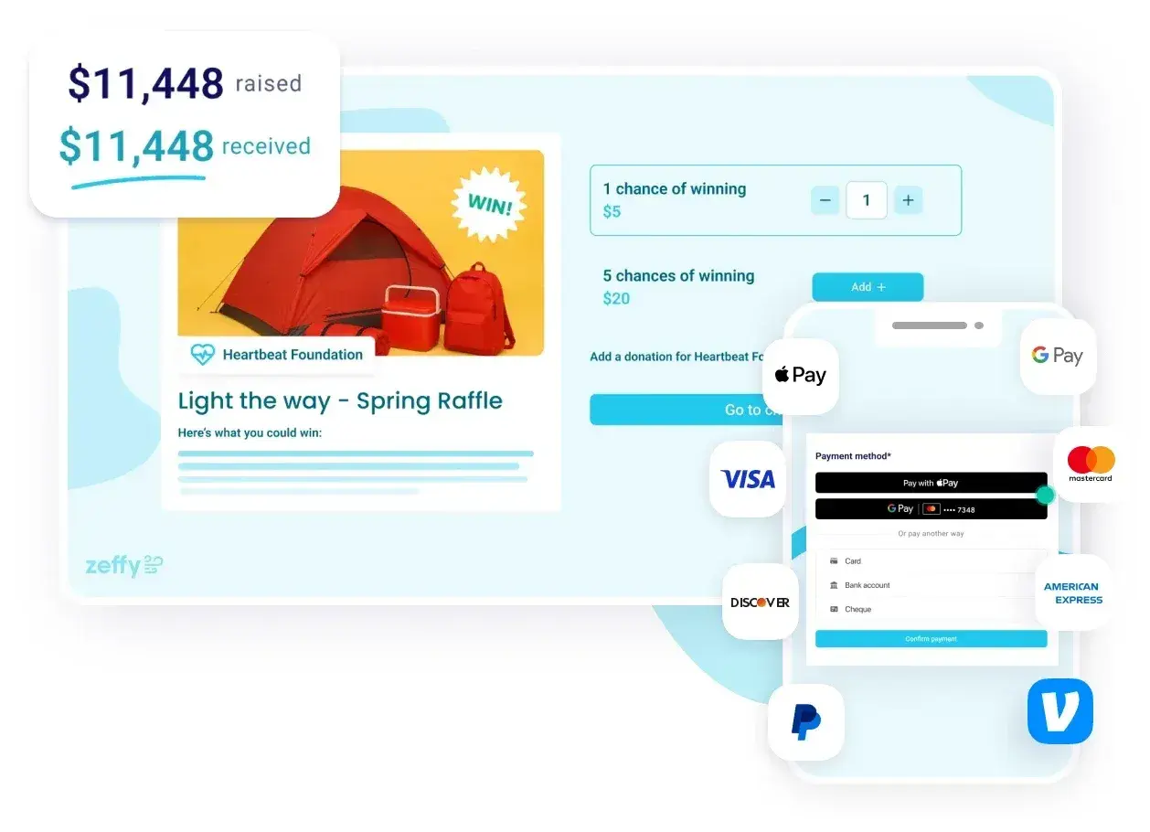 A raffle app interface shows a "Light the way - Spring Raffle" with camping gear as prizes. Users can select chances to win and pay via various methods.