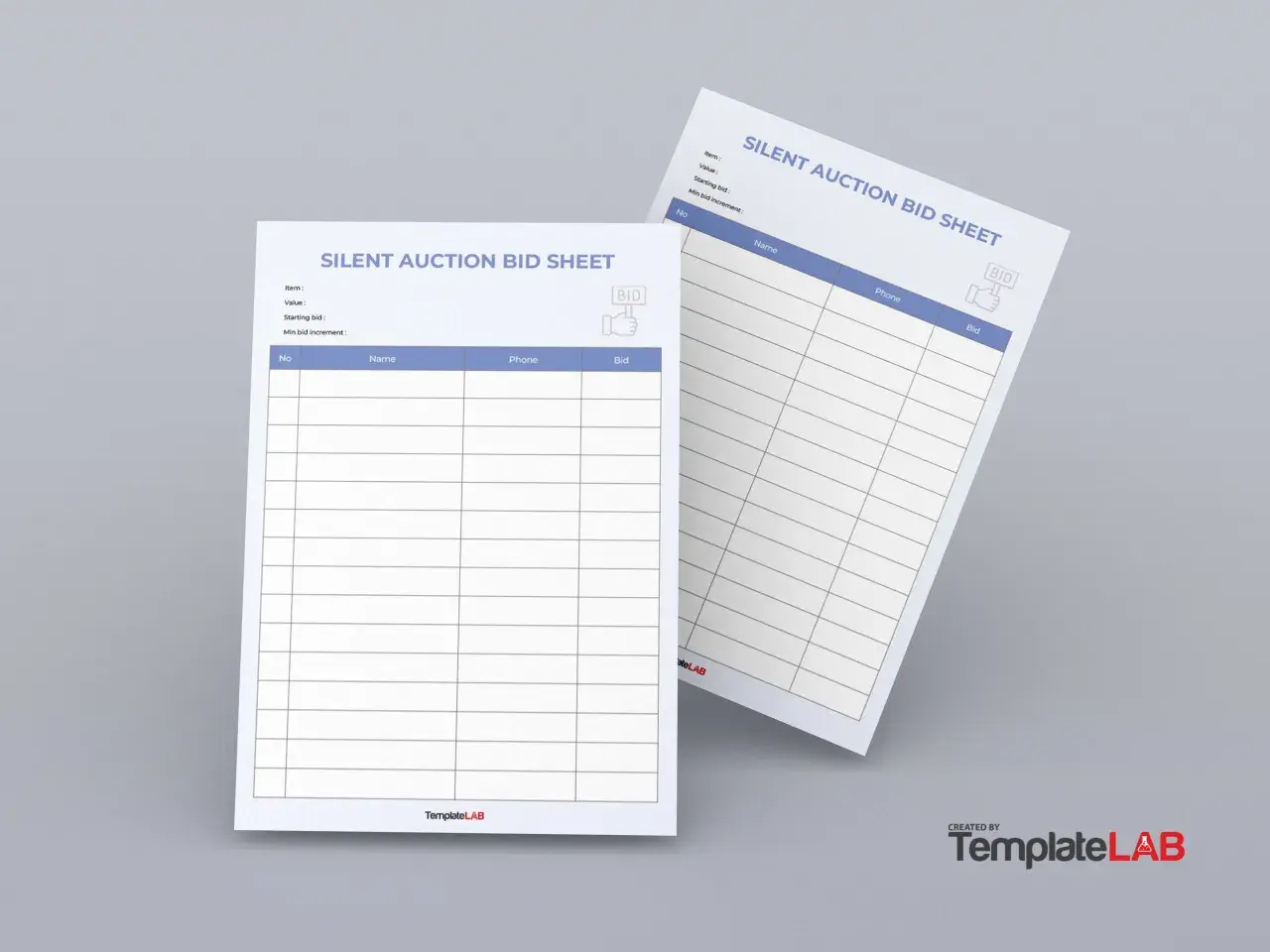 Two blank silent auction bid sheet templates are shown. One is angled, the other flat.
