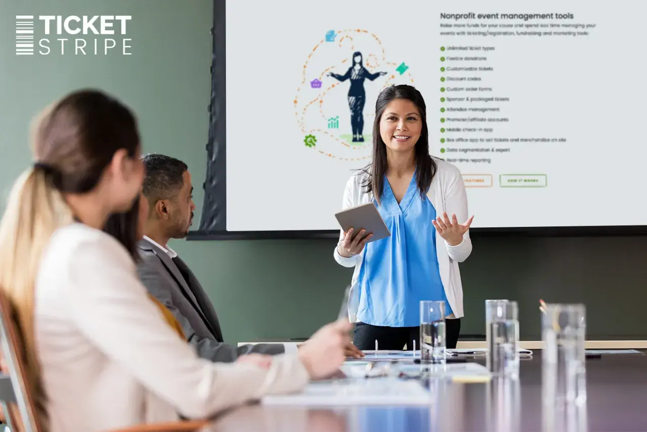A presenter discusses nonprofit event management tools, highlighting features like flexible donations and customizable tickets, relevant to Eventbrite nonprofit pricing.