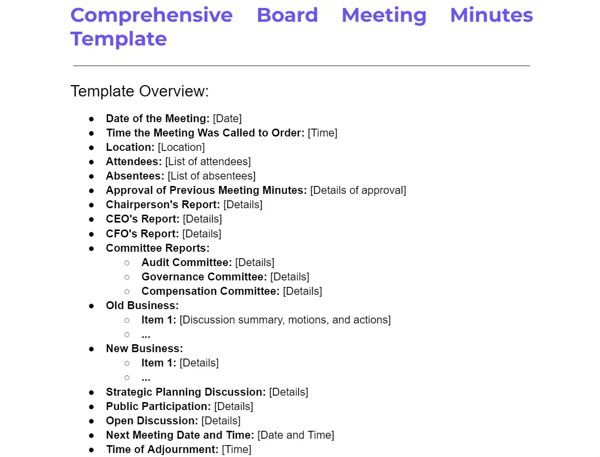 A comprehensive board meeting minutes template outlines key sections like date, attendees, reports, old/new business, and discussion points for effective meeting documentation.