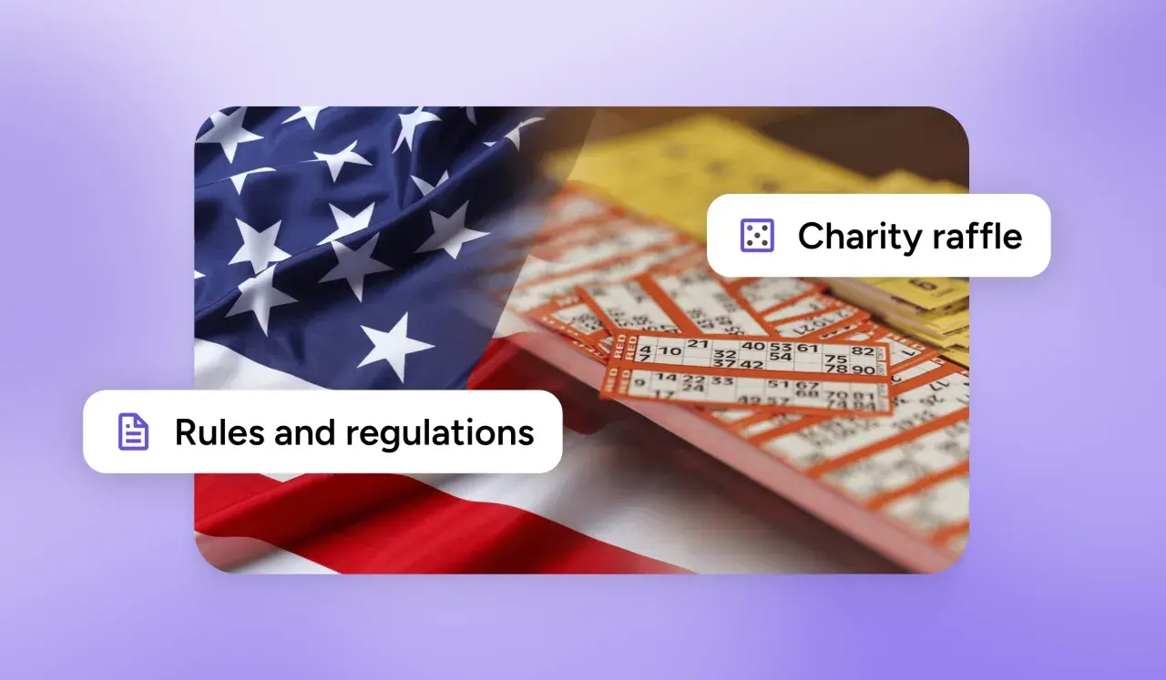 American flag and bingo cards, with text "Rules and regulations" and "Charity raffle".