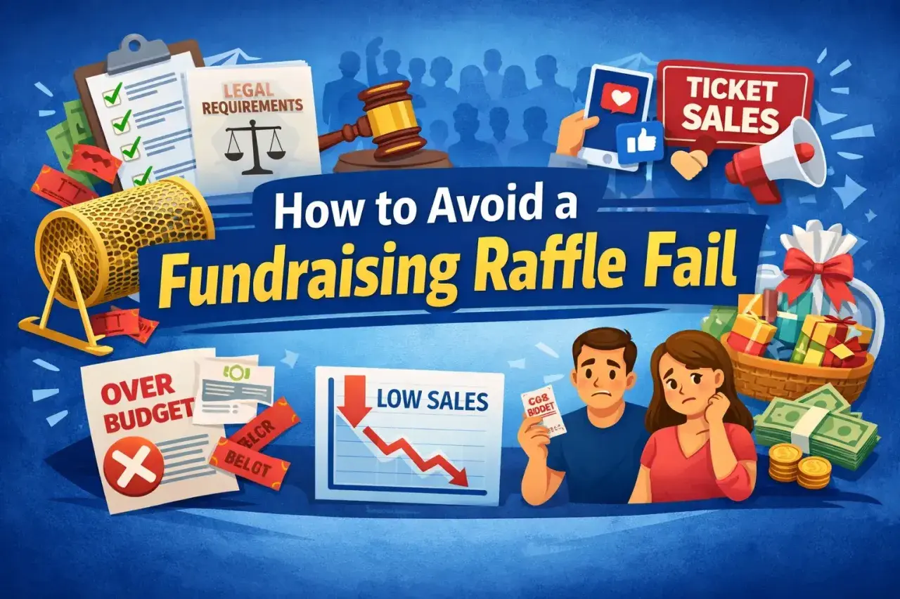 Illustration showing elements of a failed raffle fundraiser: a raffle drum, legal documents, a gavel, low sales graph, over budget papers, and a worried couple.