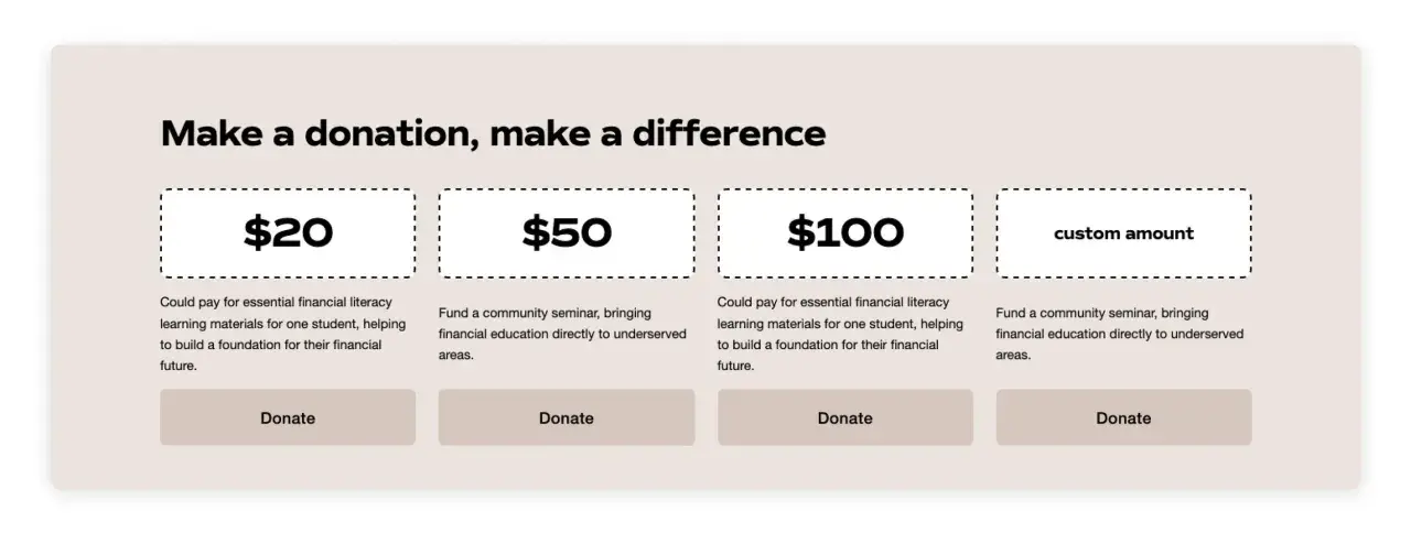 Squarespace donations: options for $20, $50, $100, or custom amounts to fund financial literacy materials or community seminars.