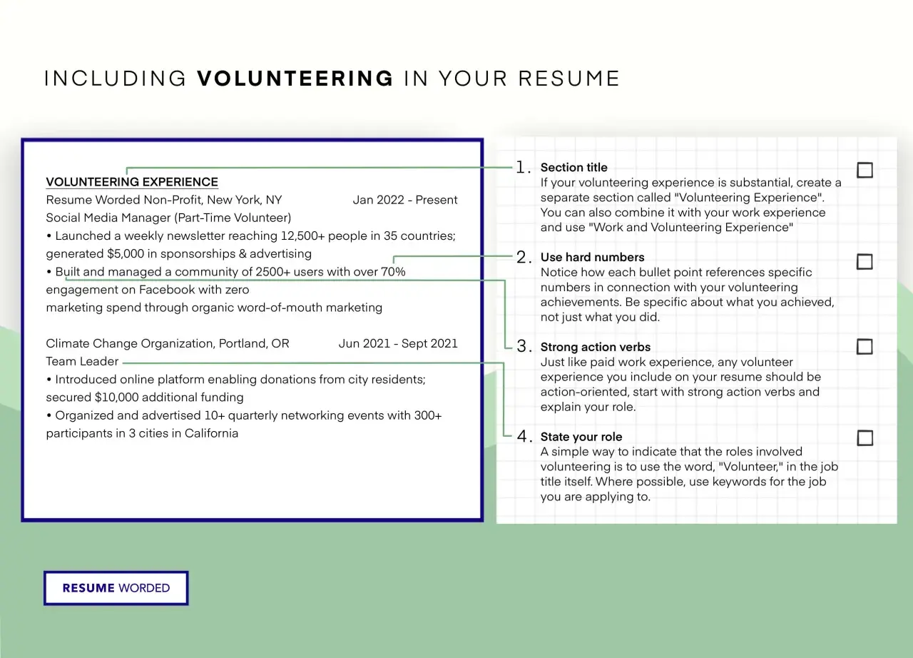 Resume section on "Volunteering Experience" with examples of how to list achievements, emphasizing hard numbers and action verbs.