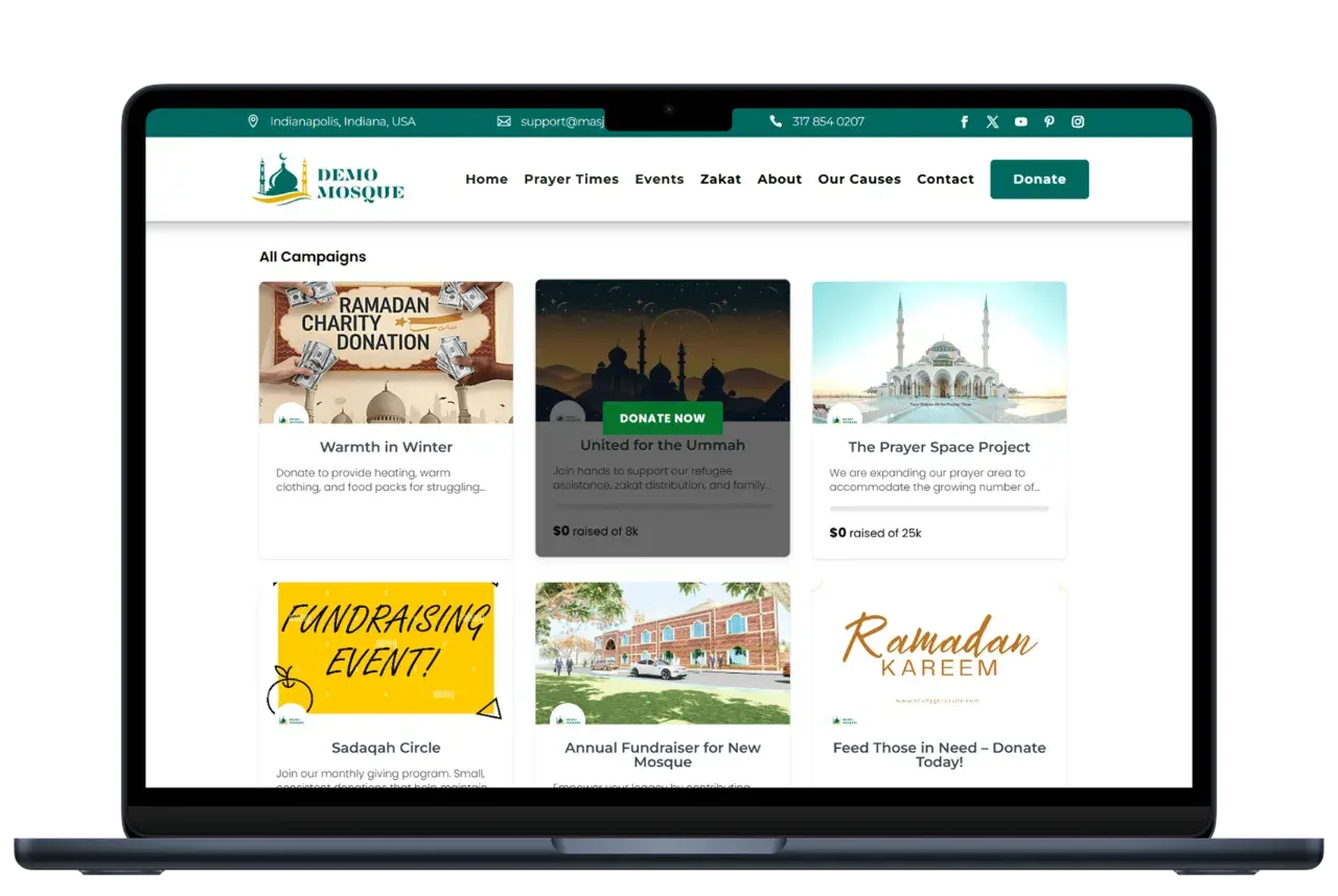 Demo Mosque website showcasing various mosque fundraising campaigns like "Warmth in Winter" and "The Prayer Space Project.