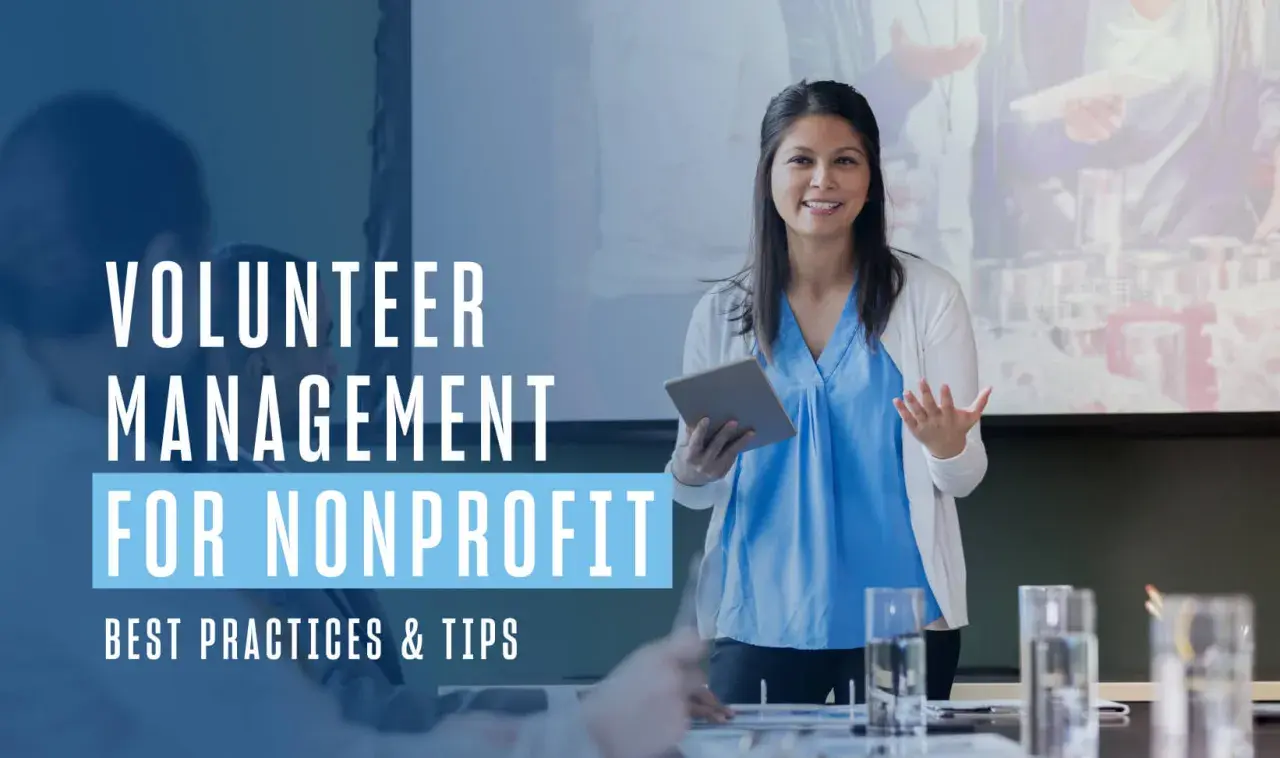 A woman presents volunteer management best practice principles for nonprofits, holding a tablet and gesturing.