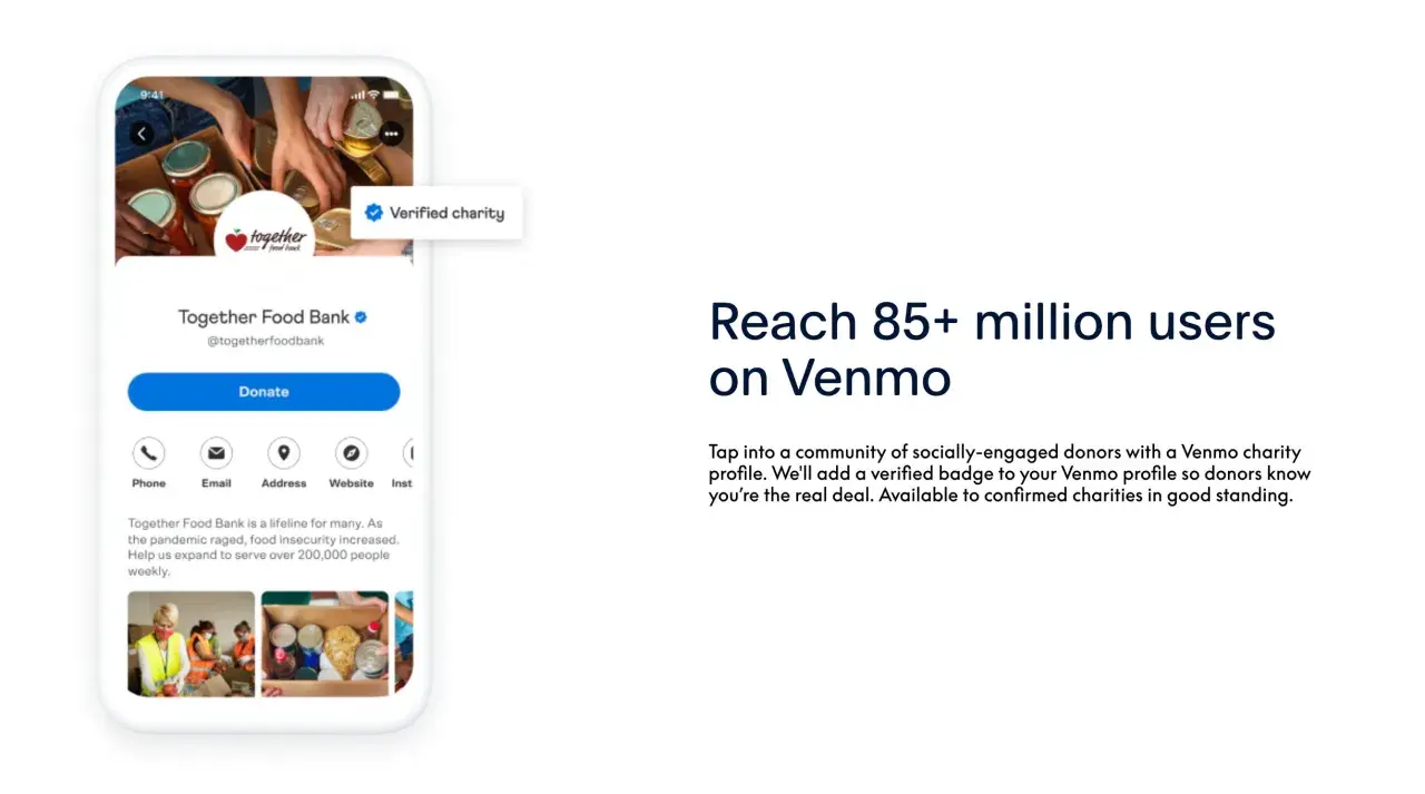 Together Food Bank's verified charity profile on Venmo, ready to receive donations from millions.