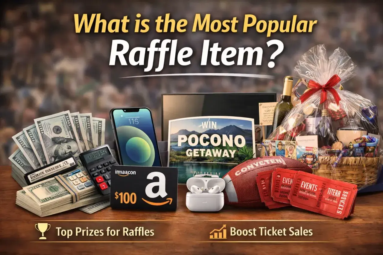 A collection of popular raffle prizes: cash, a smartphone, Amazon gift card, earbuds, a football, tickets, a getaway voucher, and a gift basket.