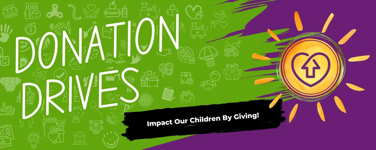 DONATION DRIVES" text with icons of giving and care. A sun icon with a heart and arrow symbolizes impact.