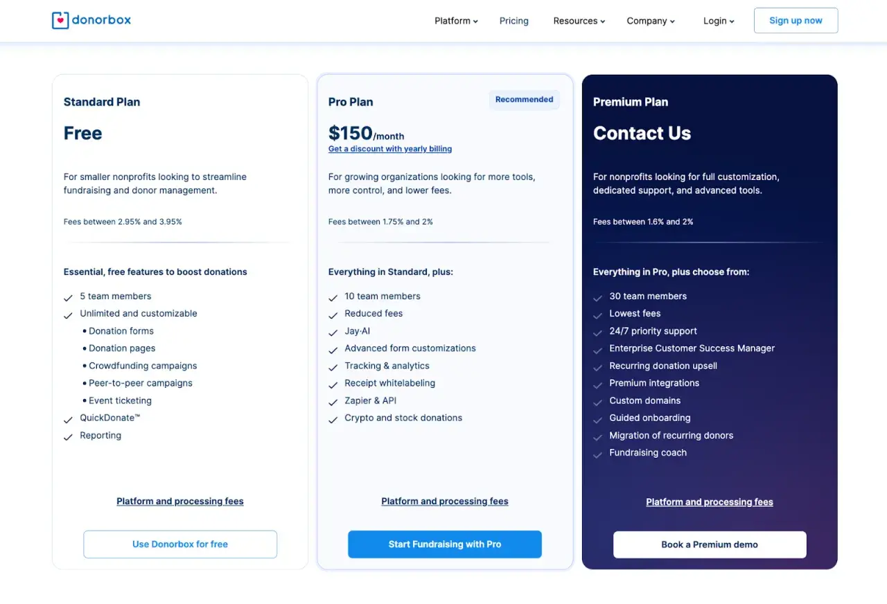 Donorbox pricing plans: Free, Pro ($150/month), and Premium. This is a legitimate platform for nonprofits to manage donations.