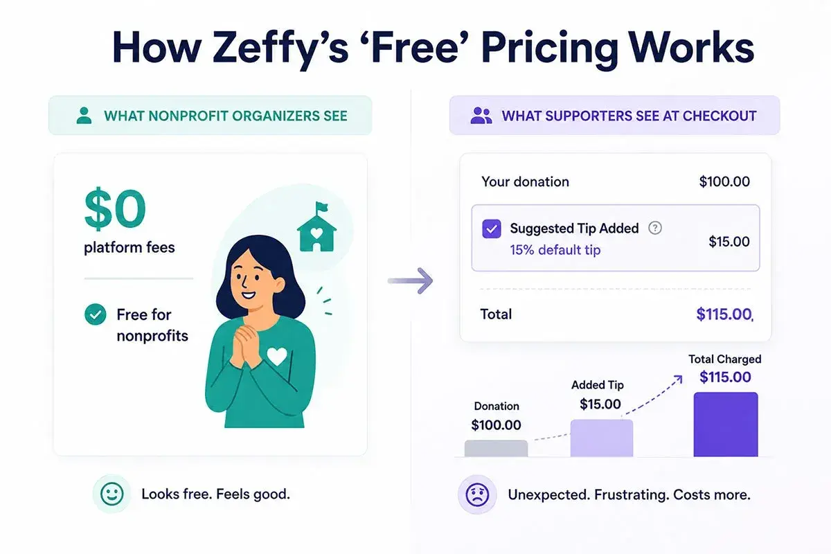 Zeffy offers free online ticket sales for nonprofits, showing $0 platform fees to organizers. Supporters see a donation plus a suggested tip, leading to unexpected costs.