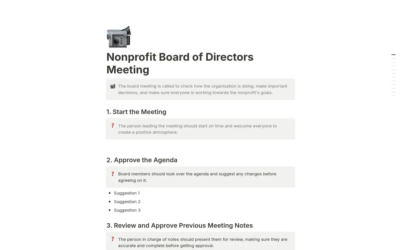 A nonprofit board meeting agenda template outlines key discussion points like starting the meeting, approving the agenda, and reviewing previous notes.