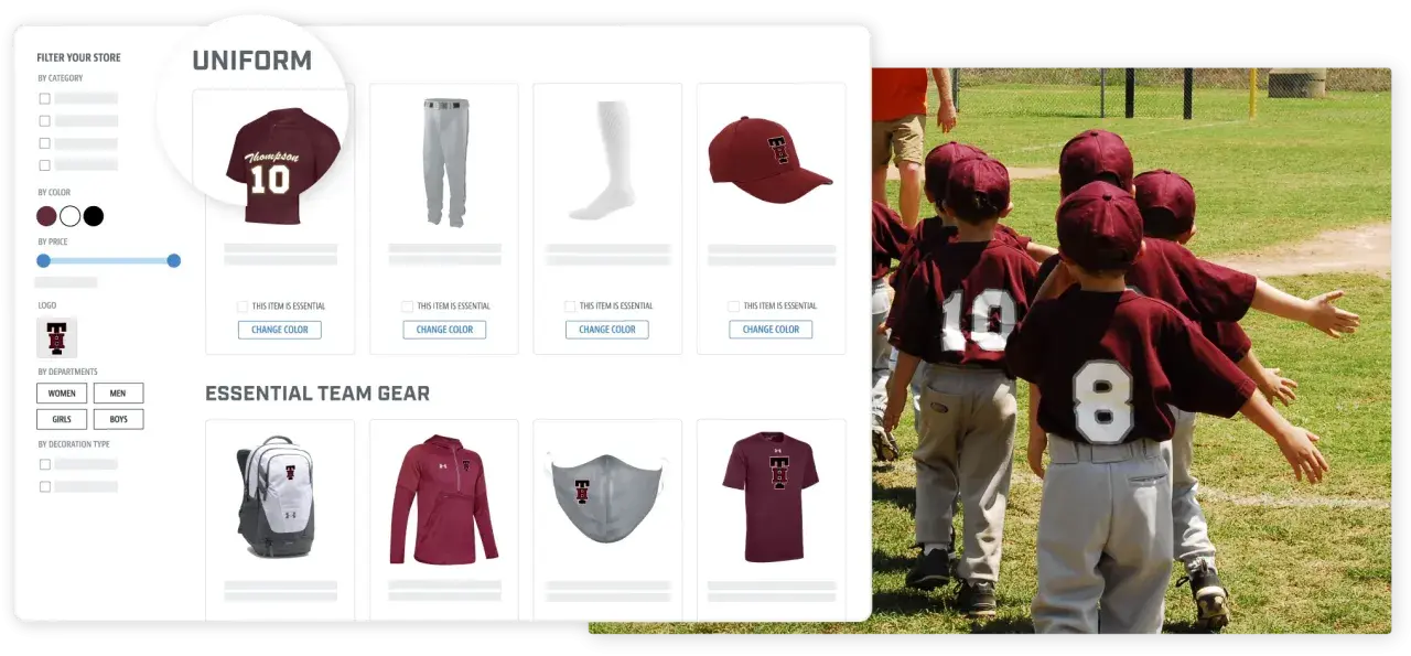 Young baseball players in maroon uniforms, perfect for youth football fundraising ideas. The screen shows uniform options like jerseys, pants, and caps.