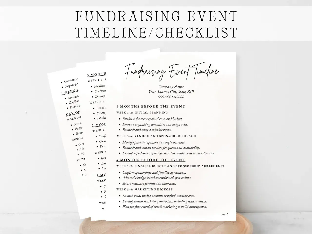 Fundraising event timeline and checklist, detailing tasks from 6 months to day-of.
