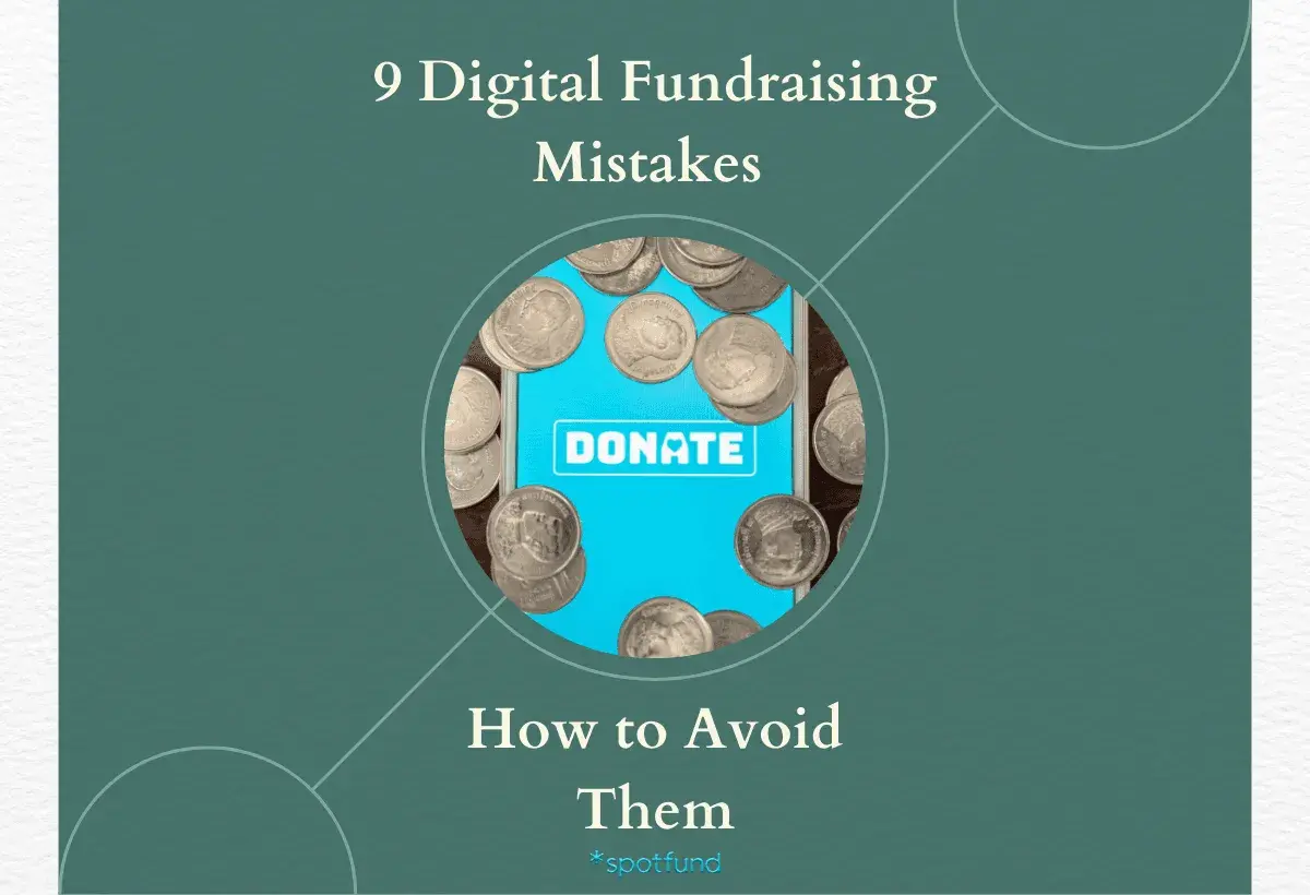 Coins surround a phone screen with a "DONATE" button, illustrating common pitfalls in an online fundraising event.