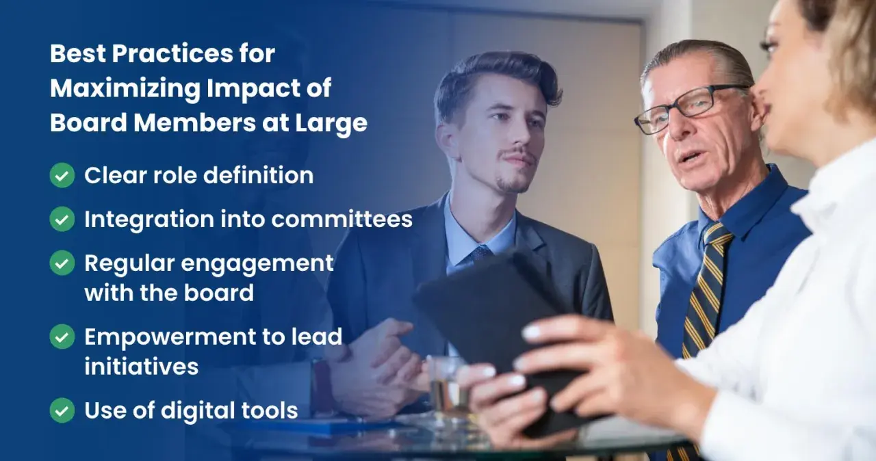 Best practices for maximizing impact of board members at large: clear roles, committee integration, regular engagement, empowerment, and digital tools.