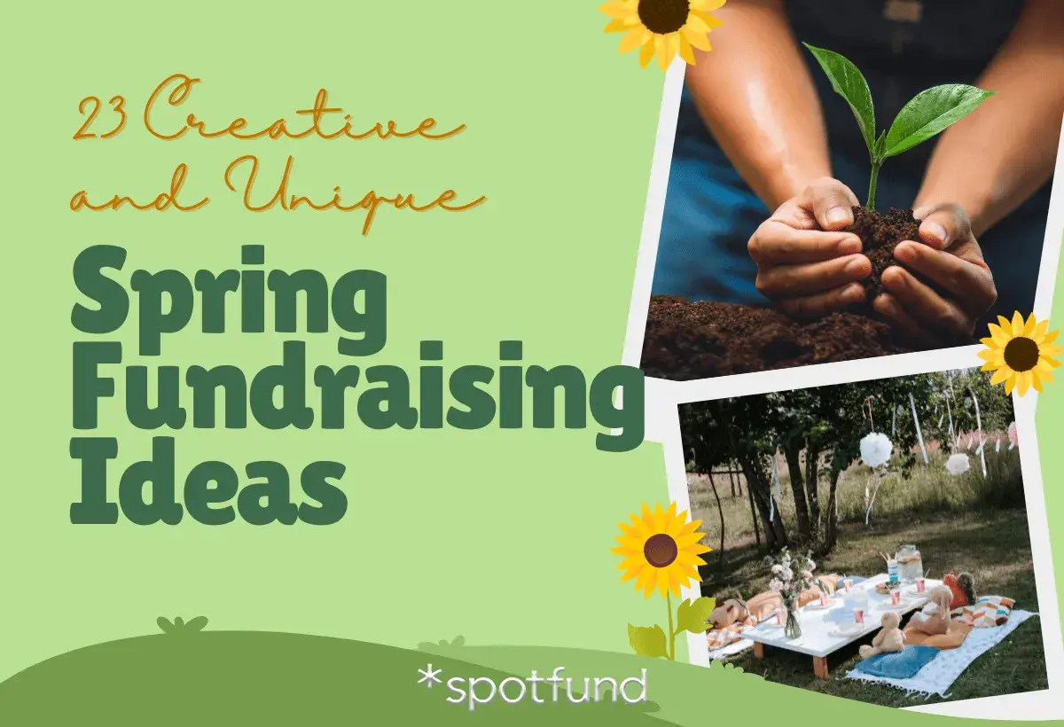 23 Creative and Unique Spring Fundraising Ideas. Image shows hands planting a seedling and a picnic setup.