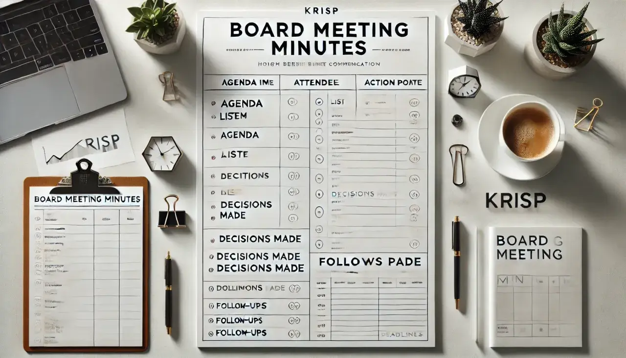 A desk setup for a board meeting, featuring a laptop, coffee, and a document titled "Board Meeting Minutes" with agenda items and action points.