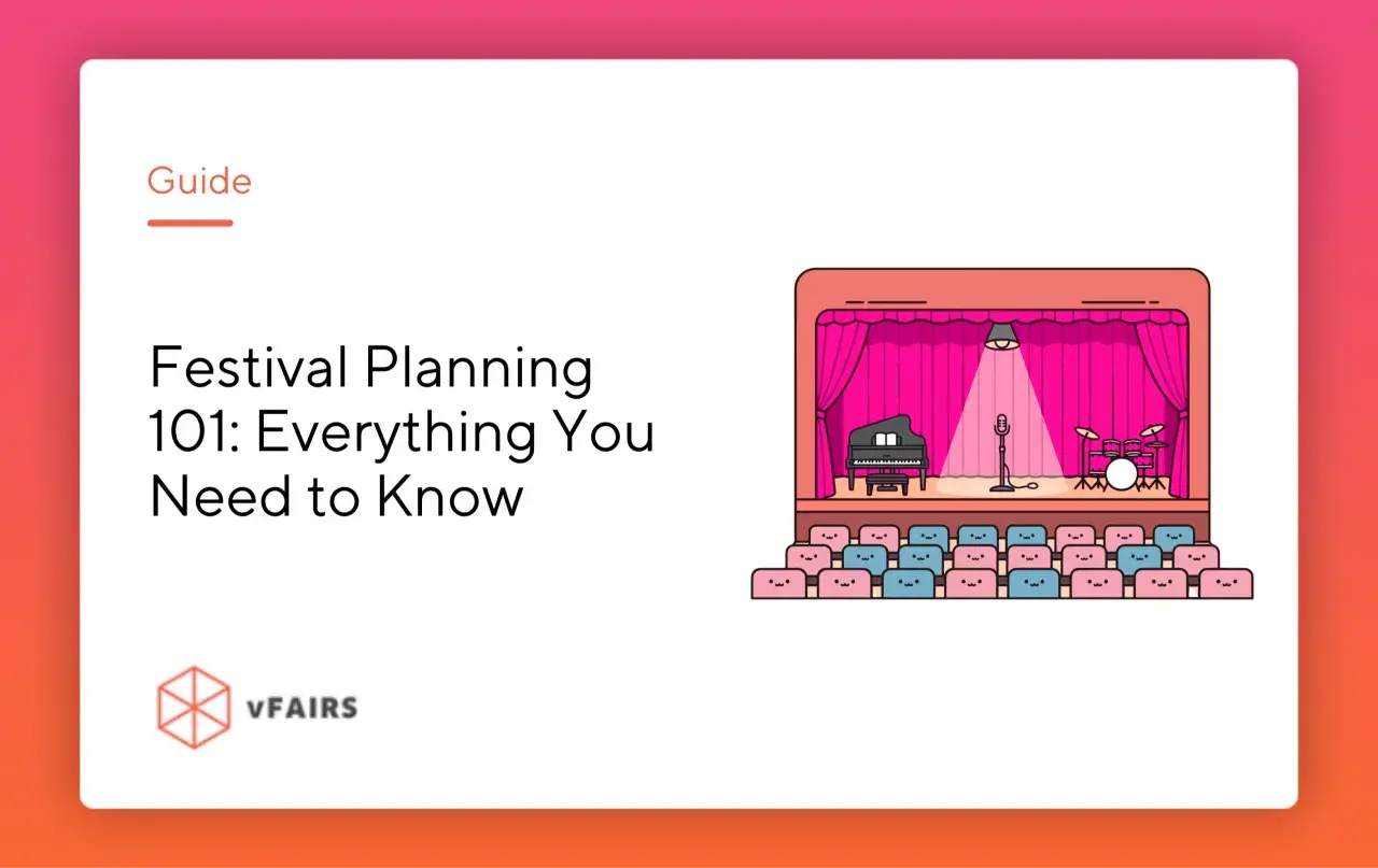 Guide to festival planning: a stage with a piano, microphone, and drums, and rows of cute audience seats. Learn how to start a festival!