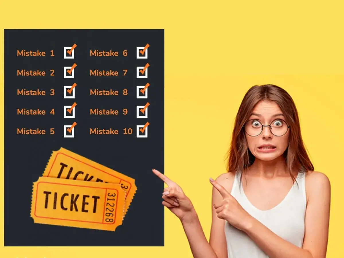 Woman points to a list of mistakes and raffle tickets, illustrating how to sell raffle tickets effectively.