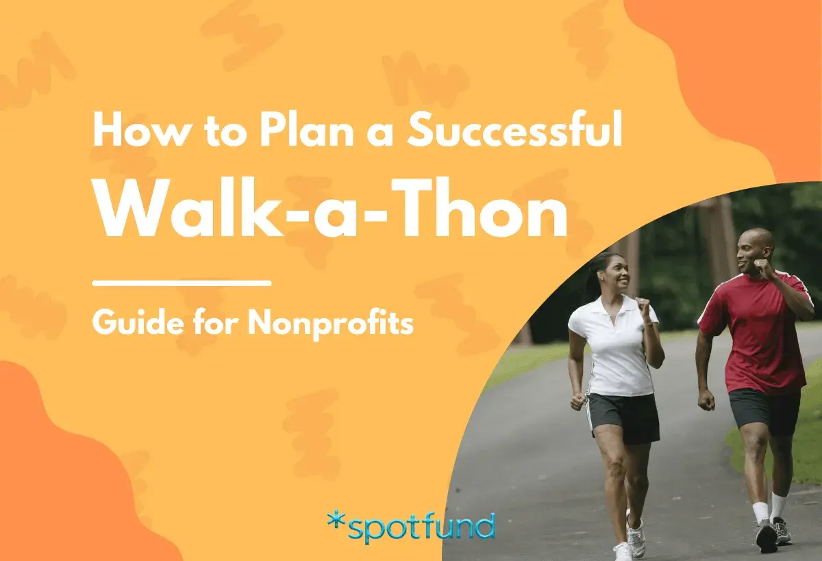 A couple walks on a path, smiling. Text reads "How to Plan a Successful Walk-a-Thon." This image is a guide for nonprofits planning a walk-a-thon fundraiser.
