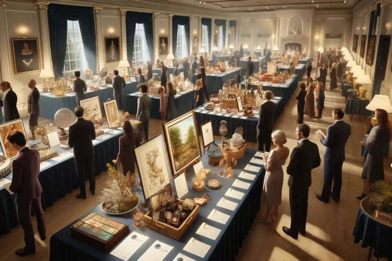 Elegant guests examine various auction packages displayed on tables in a grand hall.