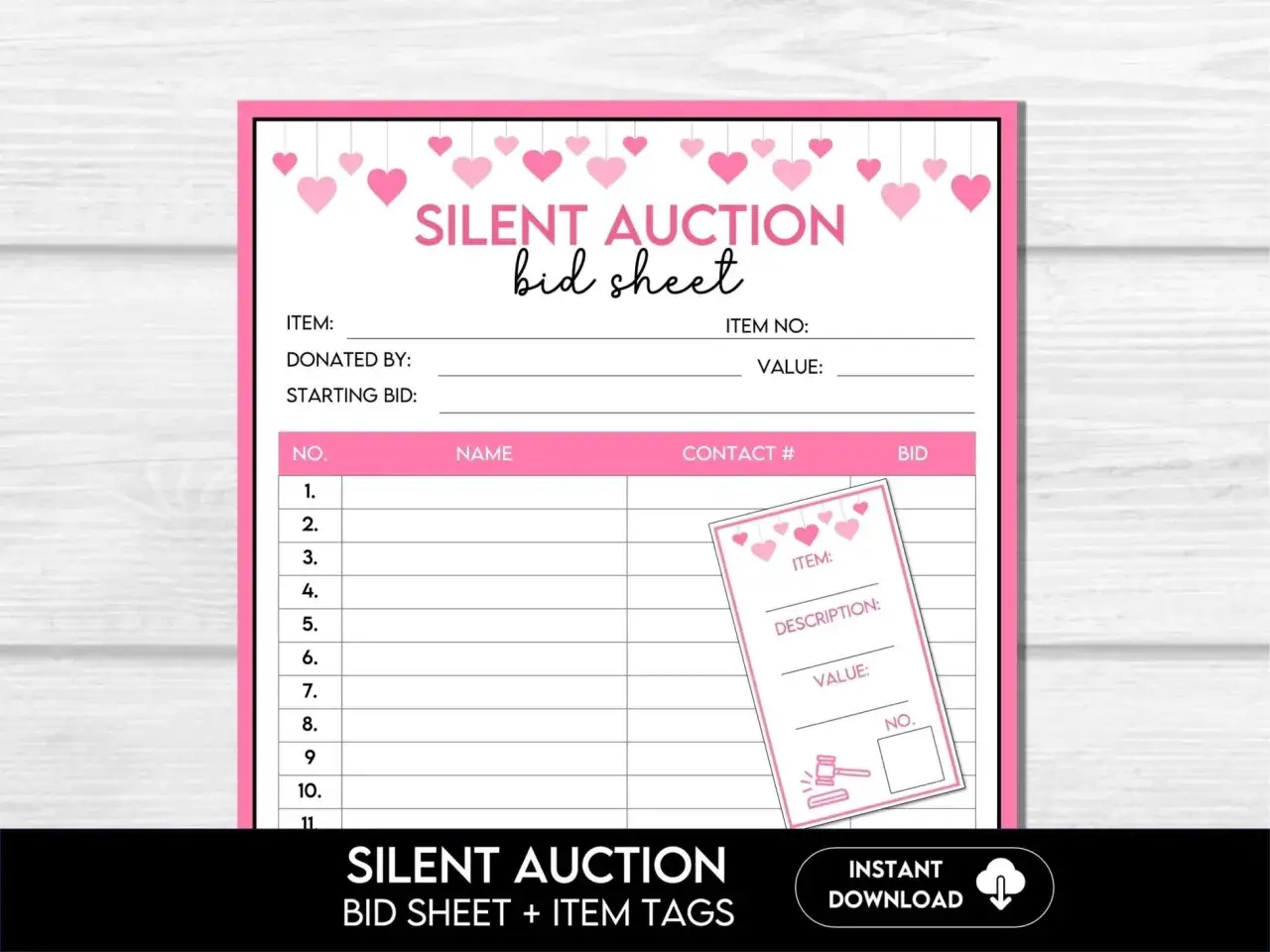 A pink and white silent auction bid sheet template with hearts at the top. It includes fields for item, donor, starting bid, and a table for bidder numbers, names, contact info, and bids.