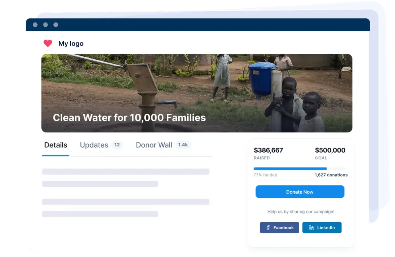 Crowdfunding for nonprofits: A campaign page shows a water pump and children, with $386,667 raised towards a $500,000 goal for clean water.