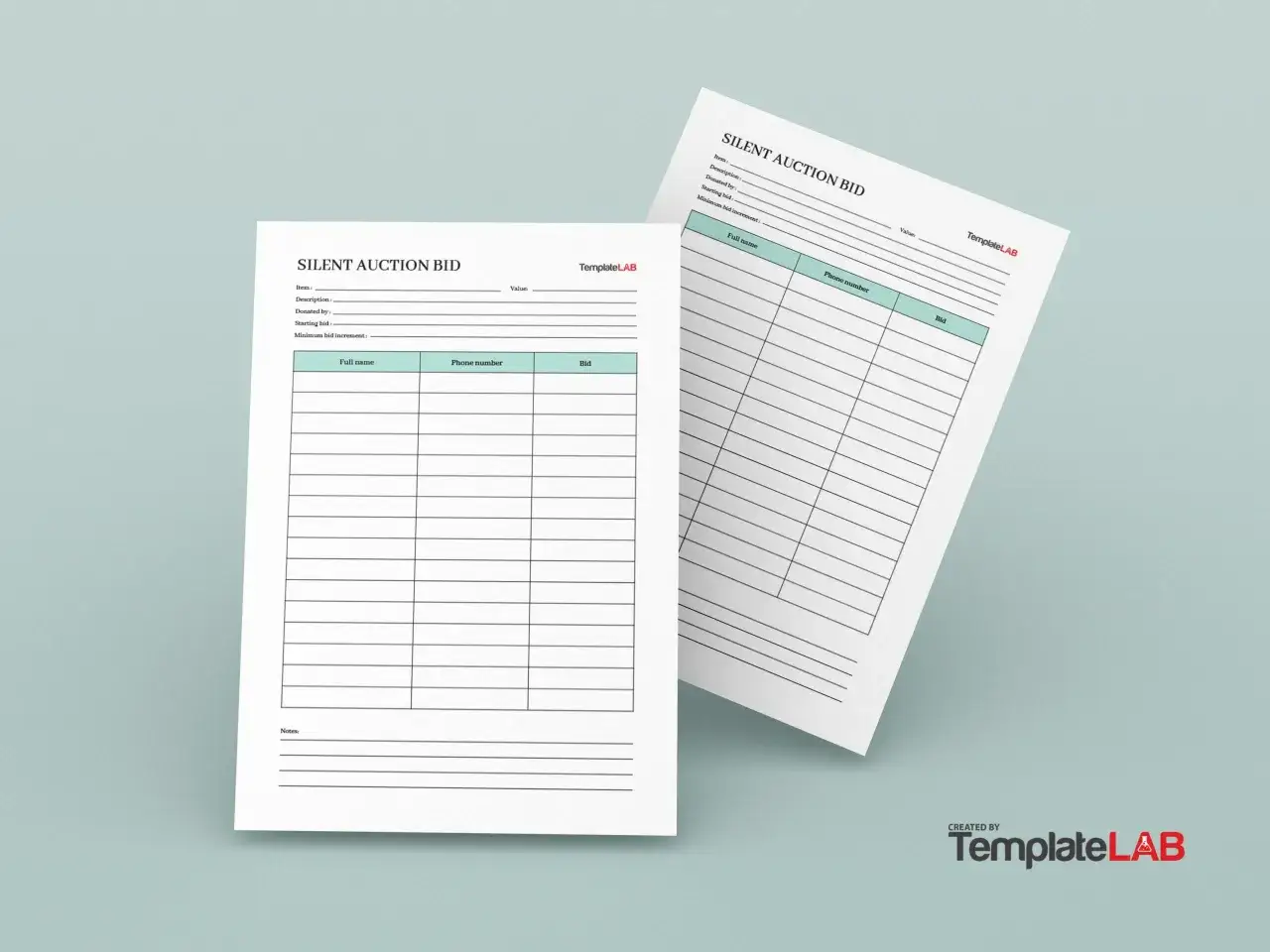 Two blank silent auction bid sheets, ready for participants to fill in their names, phone numbers, and bids for items.
