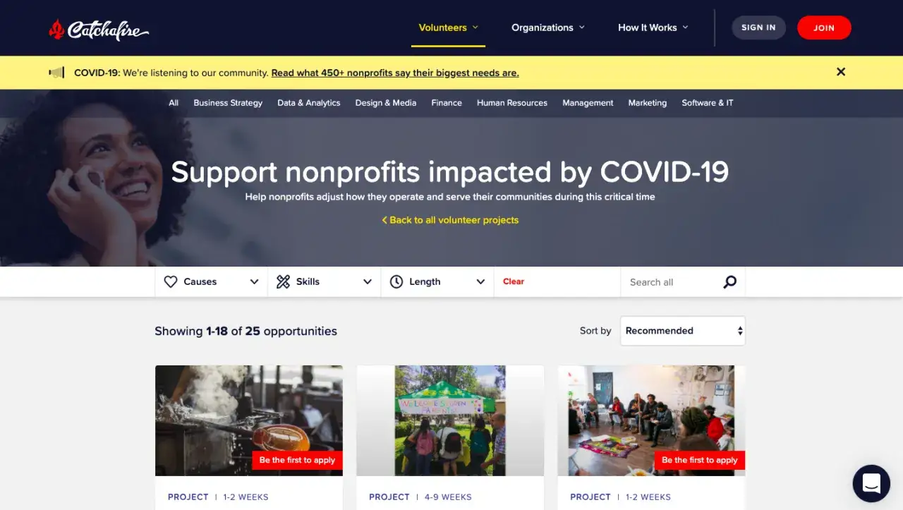 Explore online volunteer opportunities to support nonprofits impacted by COVID-19. Find projects matching your skills and causes.