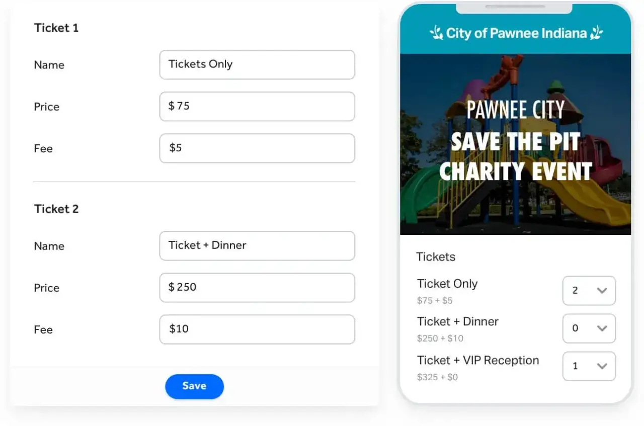 Digital interface showing ticket options for a Pawnee City charity event, potentially offering free event tickets for nonprofit organizations.