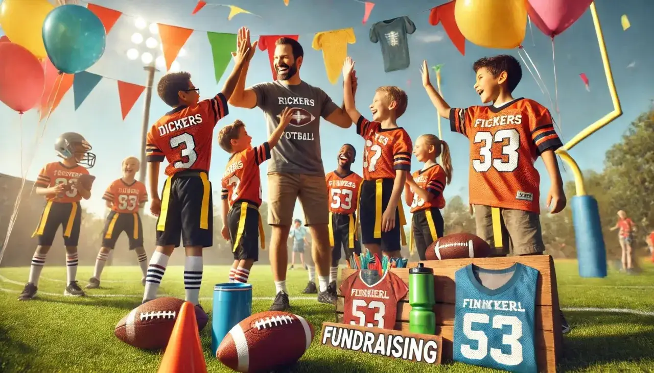 Kids in football jerseys celebrate with a coach, surrounded by balloons and footballs. A sign reads 