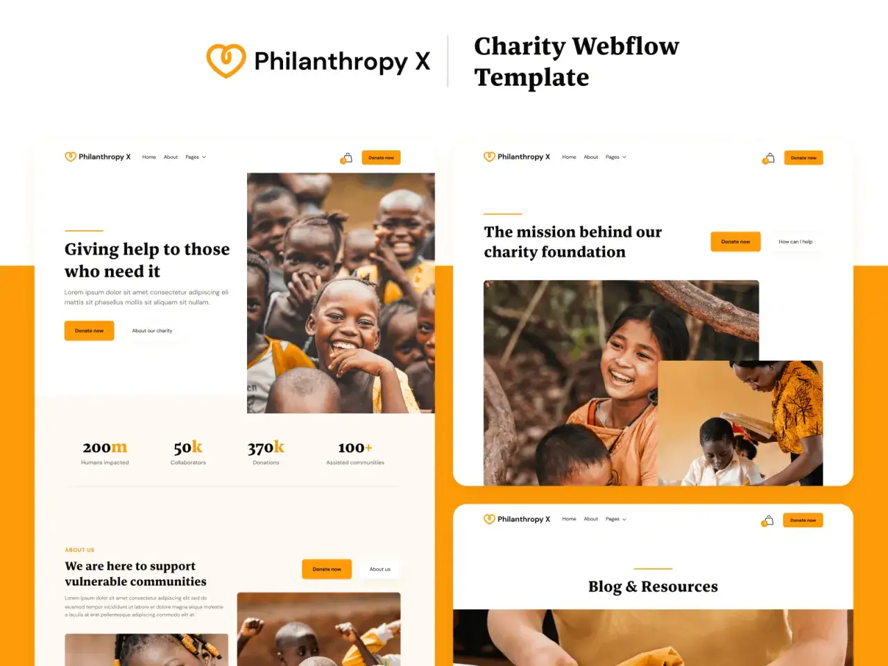 Webflow template for nonprofits, offering free website hosting and showcasing impactful stories and donation statistics.