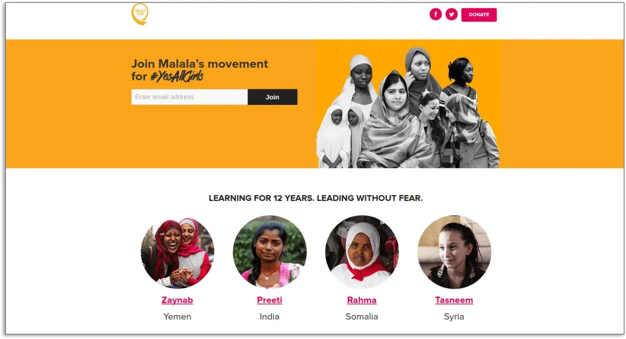 Malala Fund's nonprofit web design features a call to join the #YesAllGirls movement. Below, four girls share their stories.