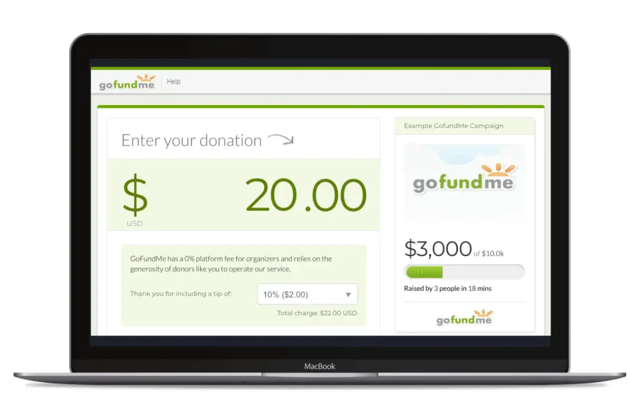 Laptop screen shows a GoFundMe donation page with a $20 donation and a 10% gofundme tip option selected.
