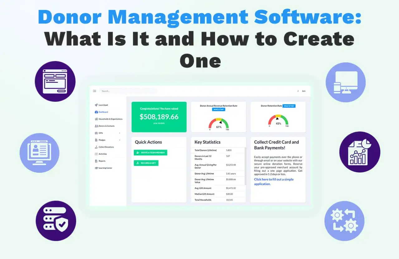 A dashboard for free donor management software shows fundraising totals, donor retention rates, and quick actions like inviting team members and recording gifts.