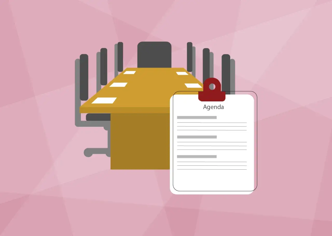 A non-profit board meeting agenda template is displayed on a clipboard, ready for discussion around a conference table.