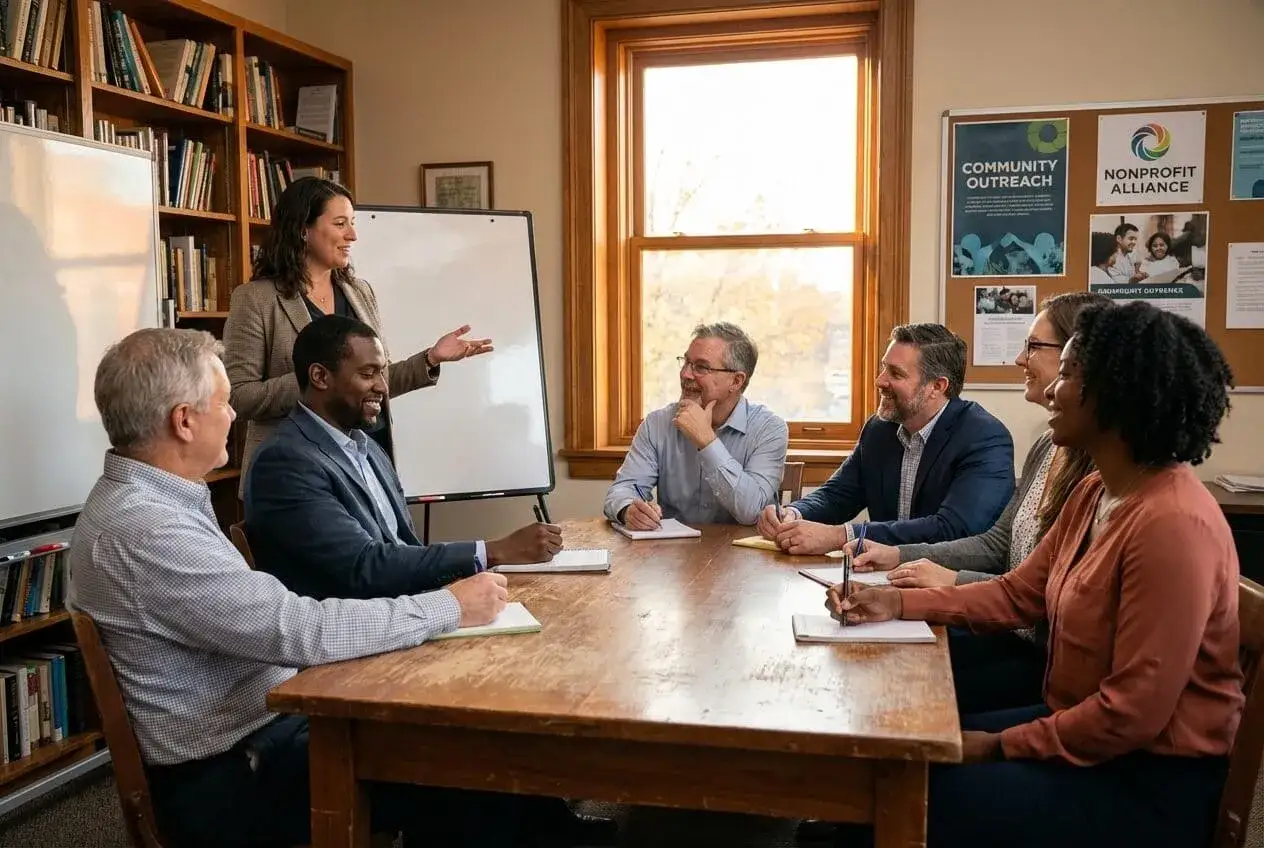 A diverse group discusses a board chair job description around a table. A woman presents at a whiteboard.