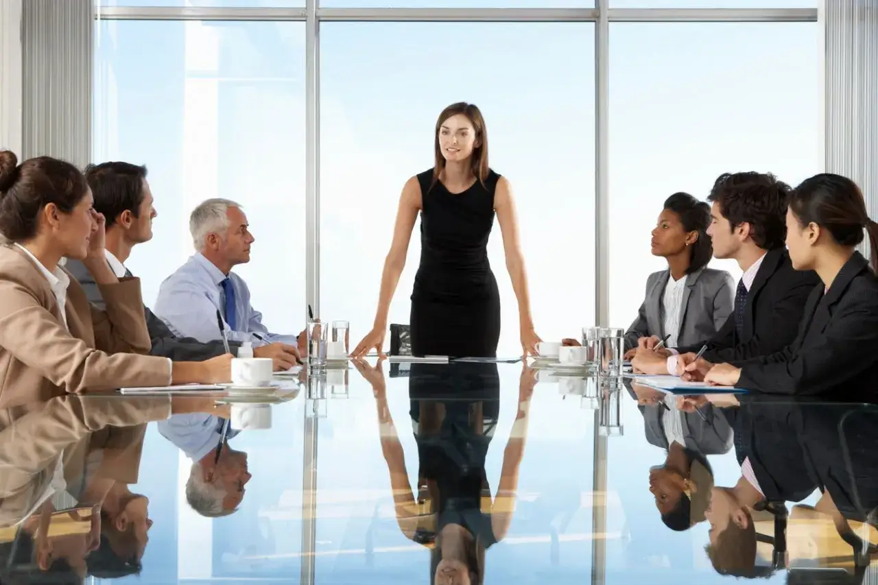 A diverse group of professionals in a boardroom, with a woman in a black dress leading the discussion. This image depicts key board of directors positions.