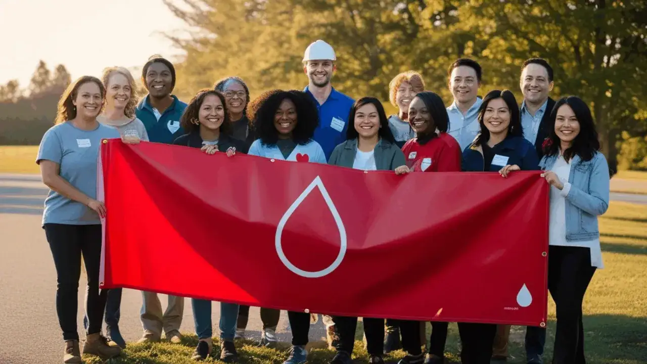 A diverse group of smiling people hold a large red banner with a white blood drop, showcasing their dedication to managing volunteers for a good cause.