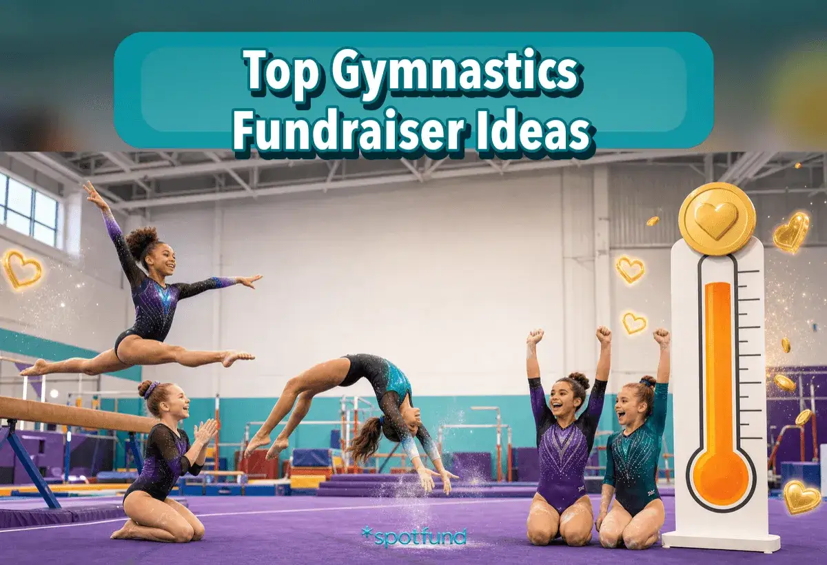 Gymnasts celebrate fundraising success! A thermometer graphic shows rising support for the gymnastics team.