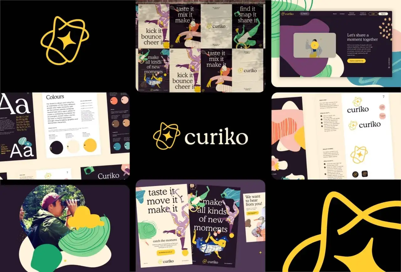 Curiko's vibrant branding, including its logo and color palette, is showcased, hinting at Canva Pro for nonprofits.